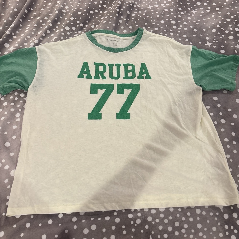 American Eagle Green and White Crew Neck Tee